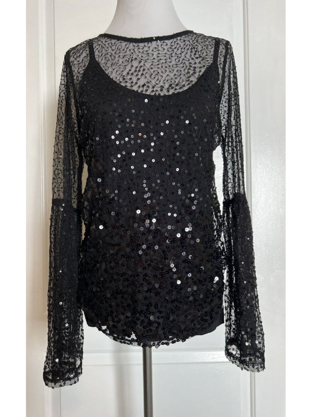 $95 INC International Concepts Sequin Bell Sleeve Blouse w Cami Set Semi Sheer M